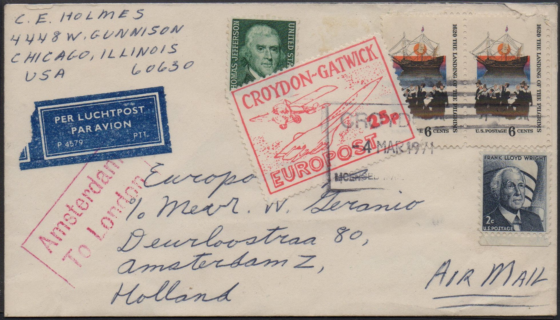 1971 Croydon Gatwick Strike Post 25p commercial airmail cover from Chicago Illinois USA to the UK